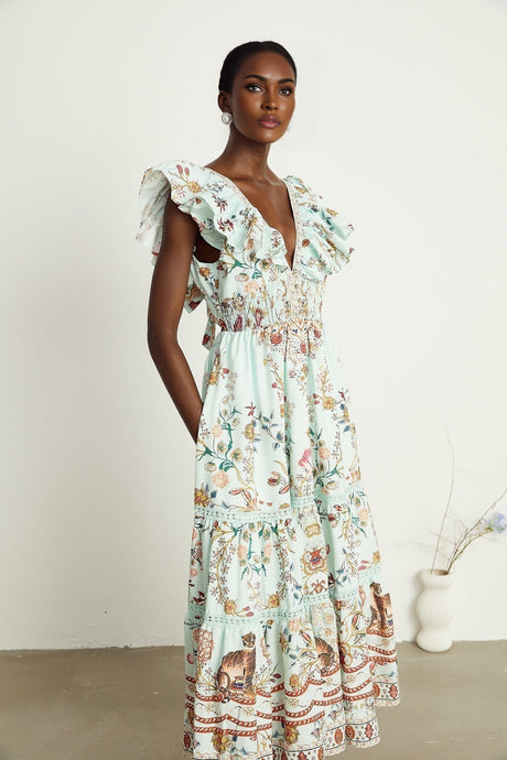 Geraldina Floral Maxi Dress - Plunging V - Neck - Open Back - Ruffled Detailing - Front Button and Self - Tie Fastening