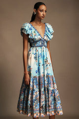 Geraldina Light Blue Floral V-Neck Backless Dress Summer Soiree Casual Day Lightweight Fabric Fluttering Sleeves Vibrant Floral Print Tiered Skirt Garden Party Brunch