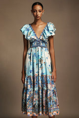Geraldina Light Blue Floral Print V-Neck Backless Dress