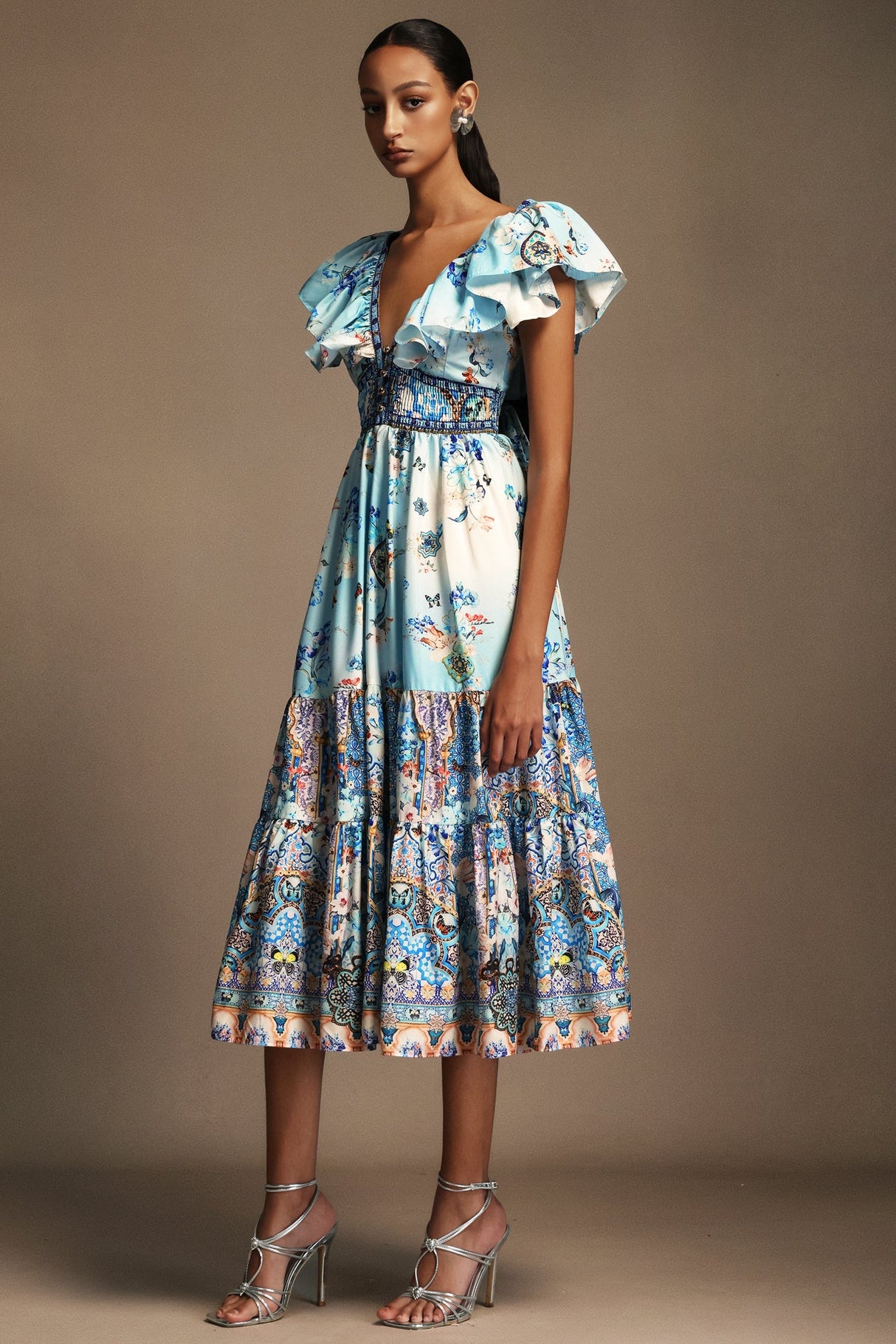 Geraldina Light Blue Floral Print V-Neck Backless Dress