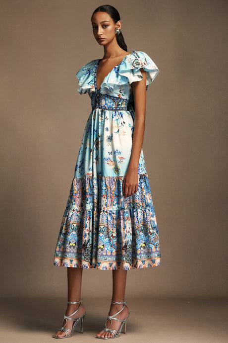 Geraldina Light Blue Floral Print V-Neck Backless Dress