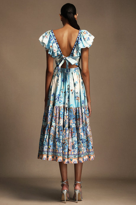 Geraldina Light Blue Floral Print V-Neck Backless Dress Summer Soiree Casual Lightweight Fabric Fluttering Sleeves Tiered Skirt Garden Party Brunch