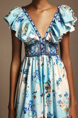 Geraldina Light Blue Floral Print V-Neck Backless Dress