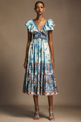 Geraldina Light Blue Floral Print V-Neck Backless Flutter Sleeve Tiered Skirt Dress