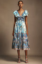 Geraldina Light Blue Floral Print V-Neck Backless Flutter Sleeve Tiered Skirt Dress