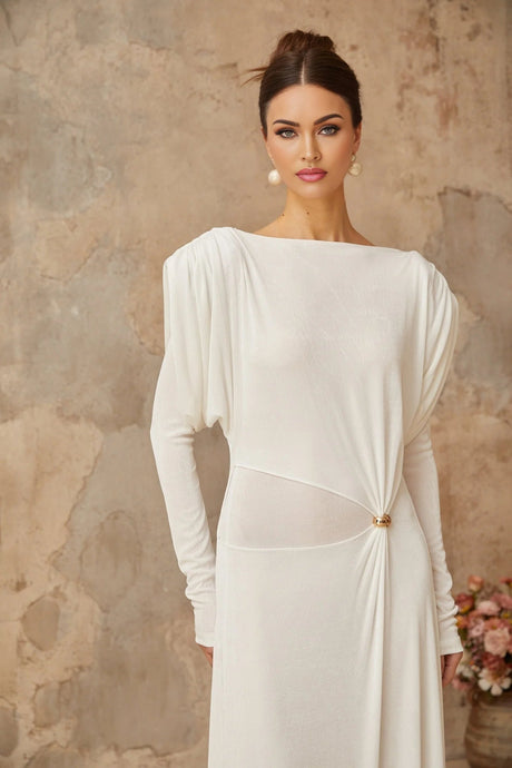 Geraldina Maxi Dress White Draped Shirred & Gold - Tone Hardware