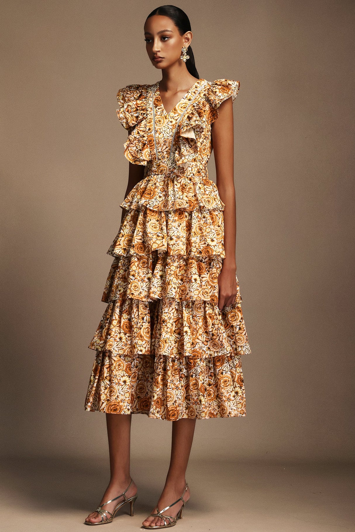 Geraldina Orange Floral Print Layered Folds Ruffled Neckline Flowy Hemline Fit Feel Dress