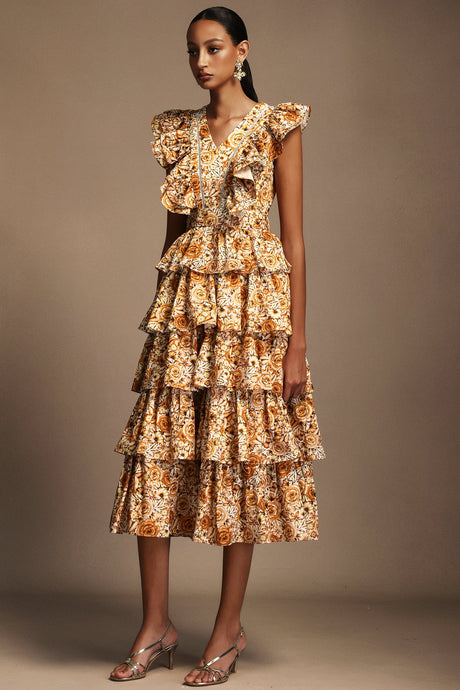 Geraldina Orange Floral Print Layered Folds Ruffled Neckline Flowy Hemline Fit Feel Dress