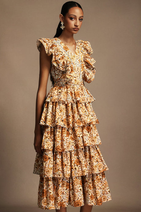 Geraldina Orange Floral Print Layered Folds Ruffled Neckline Flowy Hemline Fit Feel Dress