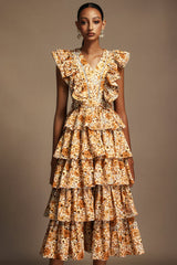 Geraldina Orange Floral Print Layered Folds Ruffled Neckline Flowy Hemline Fit Feel Dress
