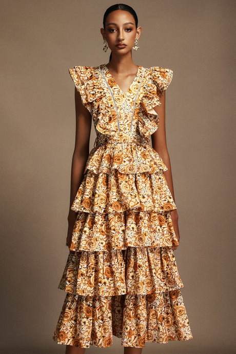 Geraldina Orange Floral Print Layered Folds Ruffled Neckline Flowy Hemline Fit Feel Dress