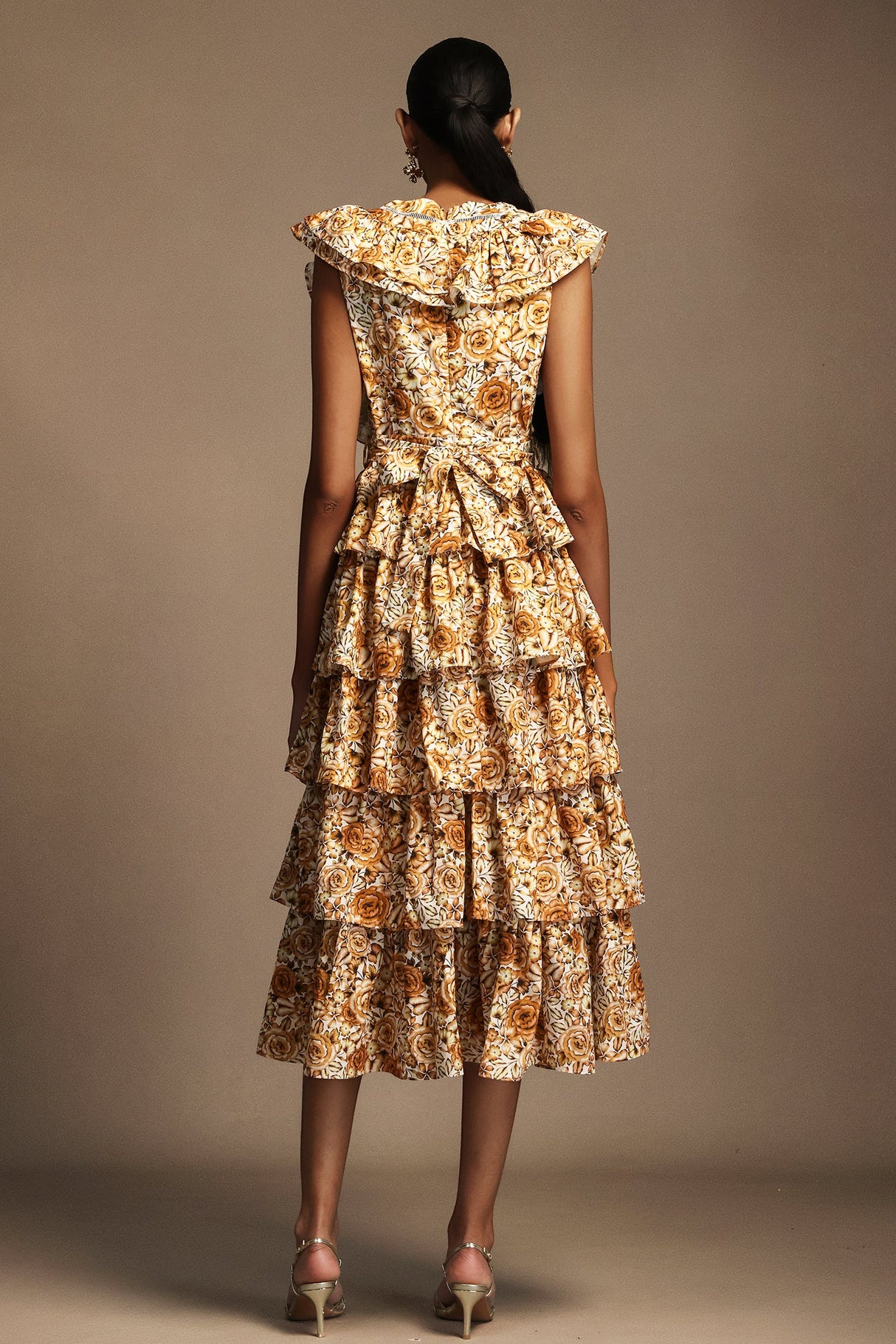 Geraldina Orange Floral Print Layered Folds Ruffled Neckline Flowy Hemline Fit Feel Dress