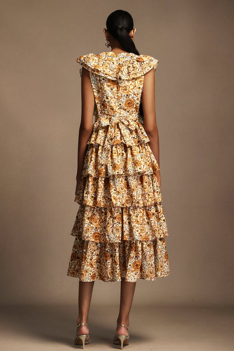 Geraldina Orange Floral Print Layered Folds Ruffled Neckline Flowy Hemline Fit Feel Dress
