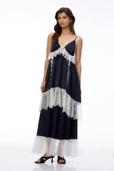 Geraldine Navy Blue Ruffled Maxi Dress with Lace Trim