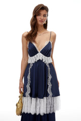 Geraldine Navy Blue Ruffled Maxi Dress with Lace Trim