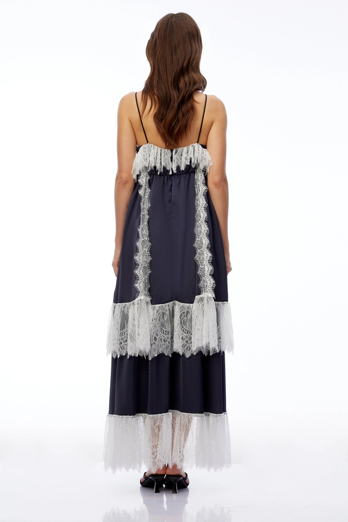 Geraldine Navy Blue Ruffled Maxi Dress with Lace Trim