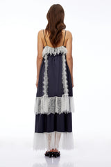 Geraldine Navy Blue Ruffled Maxi Dress with Lace Trim