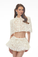Gerhard Cream Floral Embroidered Cape  Skirt Set