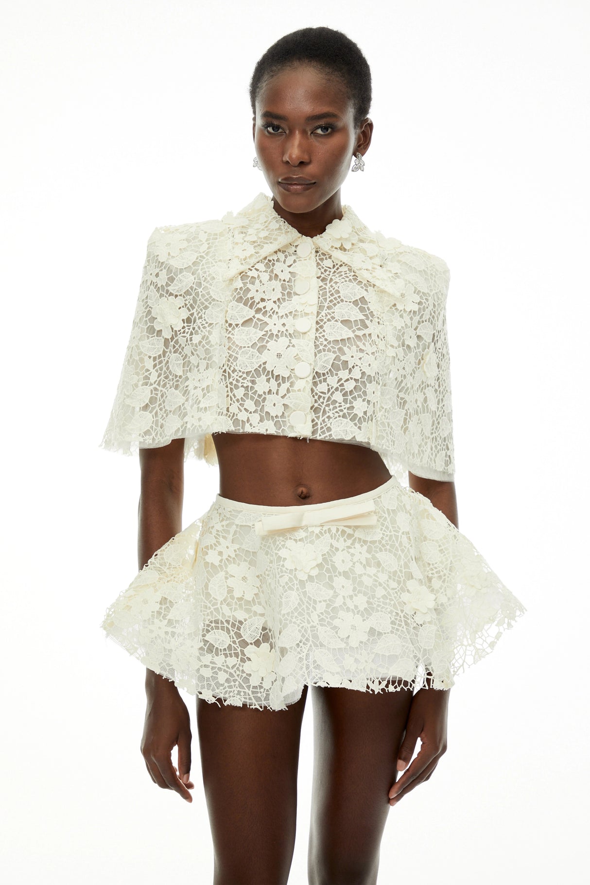 Gerhard Cream Floral Embroidered Cape  Skirt Set