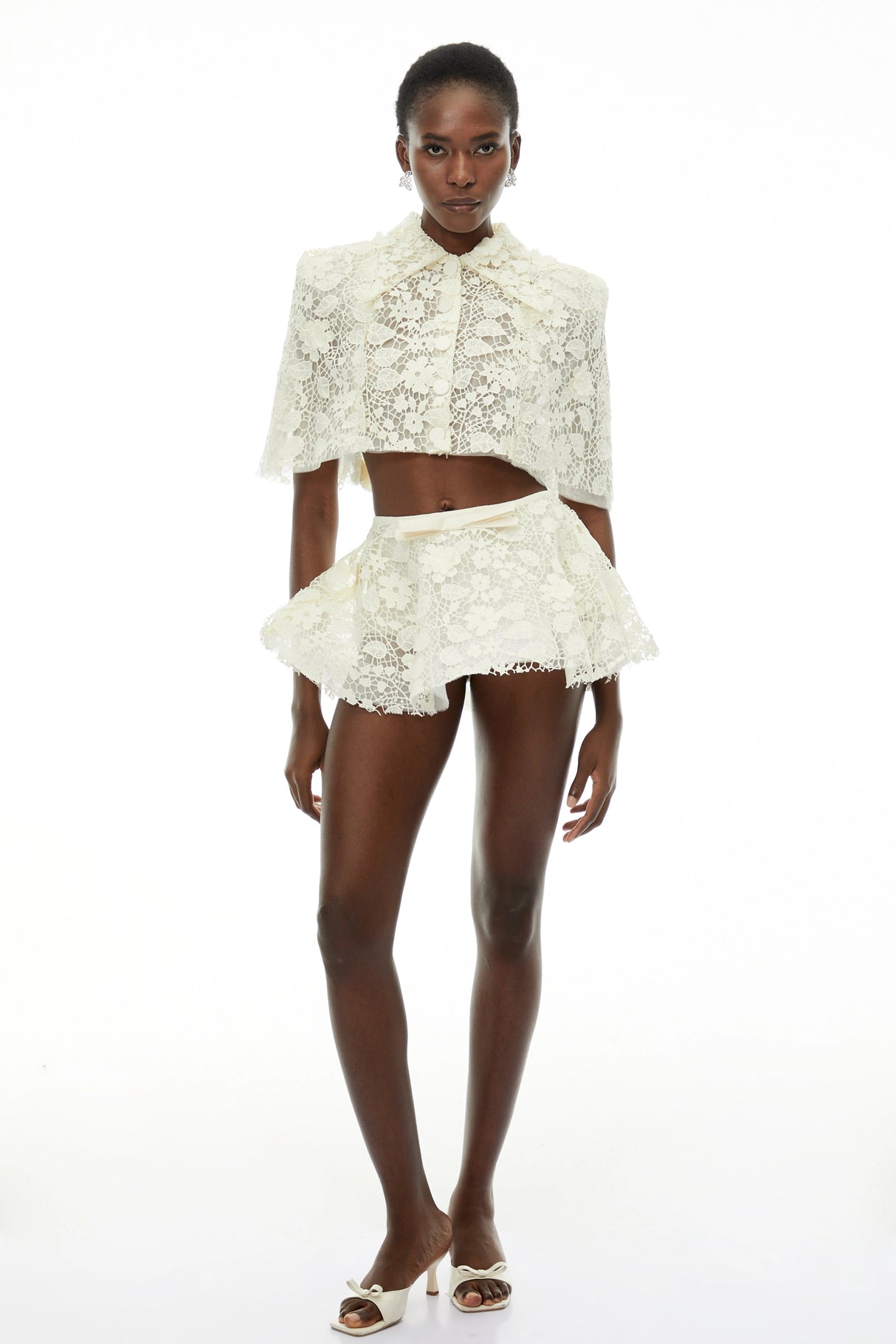 Gerhard Cream Floral Embroidered Cape  Skirt Set