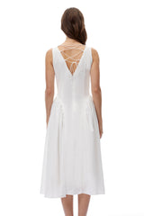 Gertrude White VNeck Lace Midi Dress