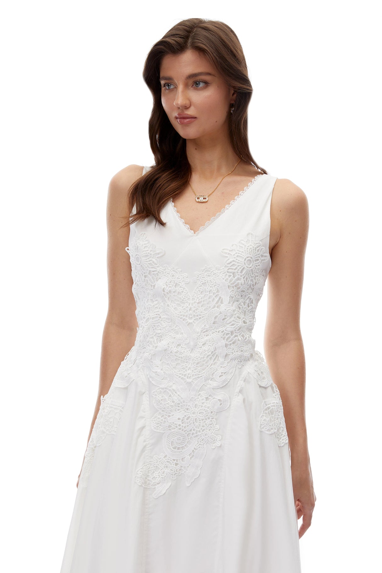Gertrude White VNeck Lace Midi Dress
