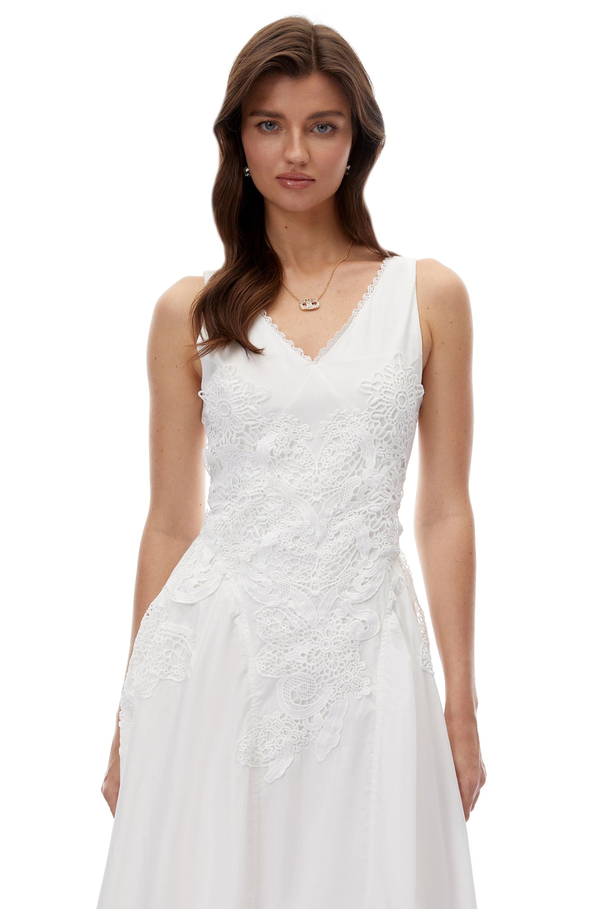 Gertrude White VNeck Lace Midi Dress