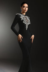 Giacomina Black Maxi Dress with Shimmering Embellishments and Slit for Evening Events or Formal Gatherings