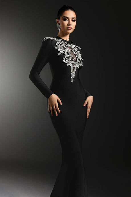Giacomina Black Maxi Dress with Shimmering Embellishments and Slit for Evening Events or Formal Gatherings