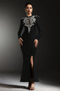 Giacomina Black Maxi Dress with Shimmering Embellishments and Slit Detail