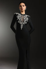 Giacomina Black Maxi Dress with Shimmering Embellishments and Slit Detail