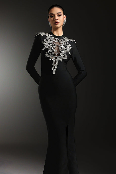 Giacomina Black Maxi Dress with Shimmering Embellishments and Slit Detail