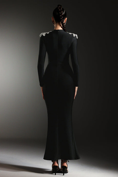 Giacomina Black Maxi Dress with Shimmering Embellishments and Leg Slit for Formal Events