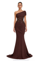 Giada Brown Sequined Asymmetrical Ruched Maxi Gown