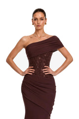 Giada Brown Sequined Asymmetrical Ruched Maxi Gown