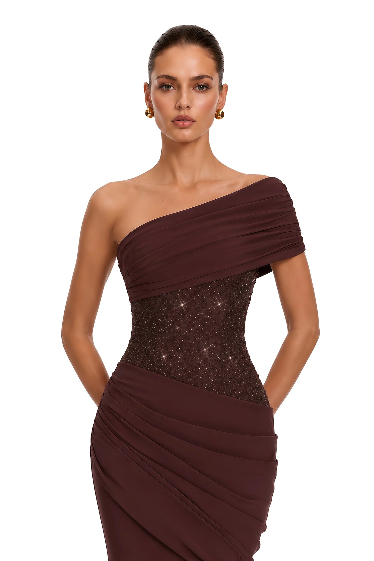 Giada Brown Sequined Asymmetrical Ruched Maxi Gown