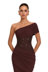 Giada Brown Sequined Asymmetrical Ruched Maxi Gown