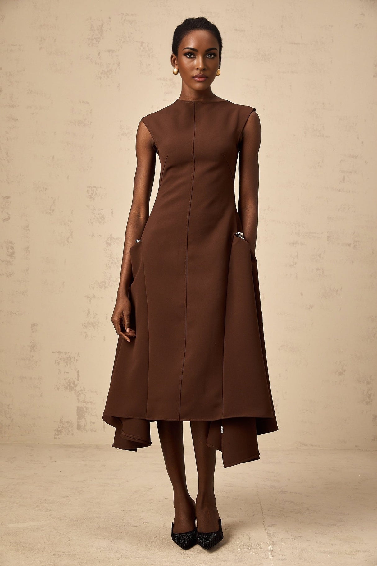 Giada Midi Dress - Twill weave - Crew neck - Cape sleeves - Asymmetric design