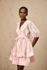 Giada Mini Dress Pink Embroidered Layered & Ruched