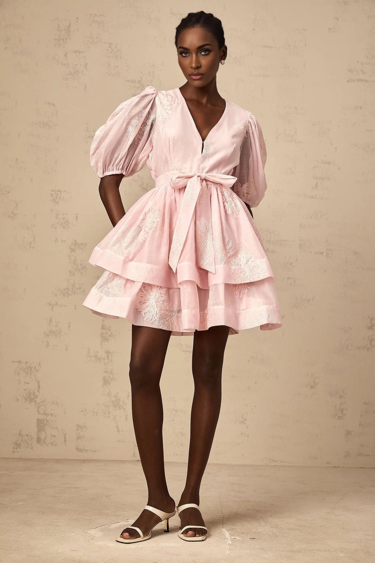 Giada Mini Dress Pink Embroidered Layered & Ruched
