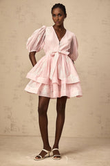 Giada Mini Dress Pink Embroidered Layered & Ruched