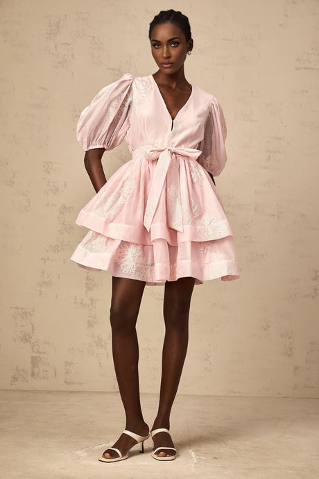 Giada Mini Dress Pink Embroidered Layered & Ruched