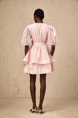 Giada Mini Dress Pink Embroidered Layered & Ruched