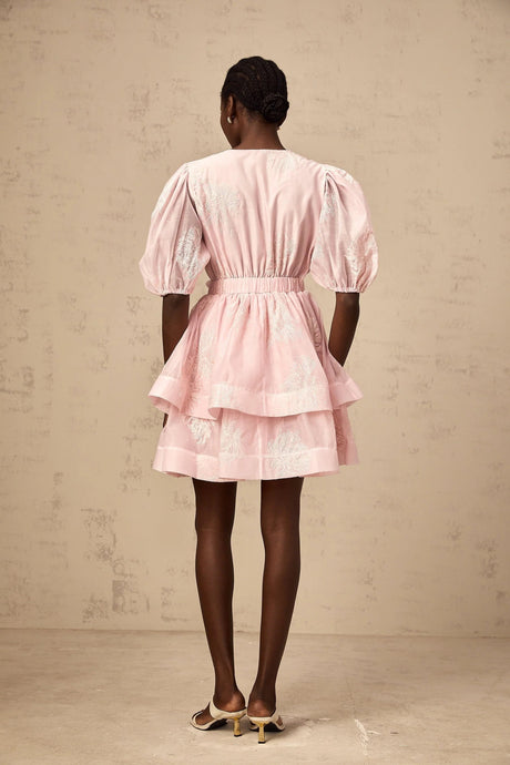Giada Mini Dress Pink Embroidered Layered & Ruched