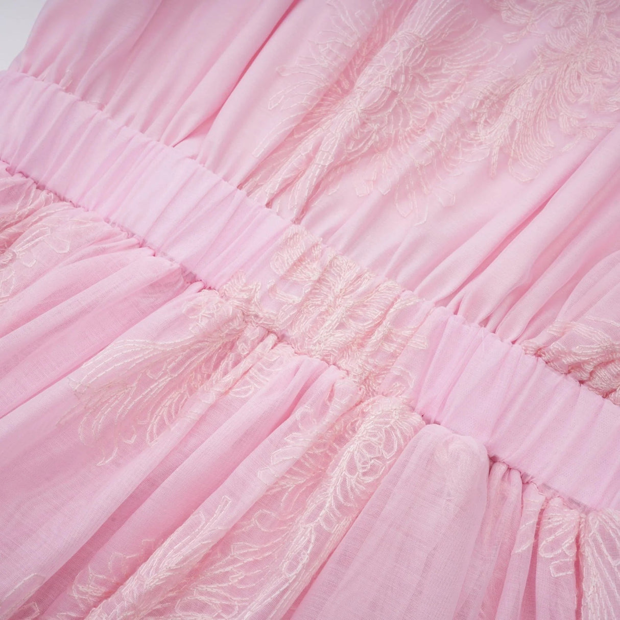 Giada Mini Dress Pink Embroidered Layered & Ruched