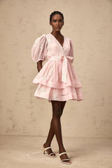 Giada Mini Dress Pink Embroidered Layered & Ruched