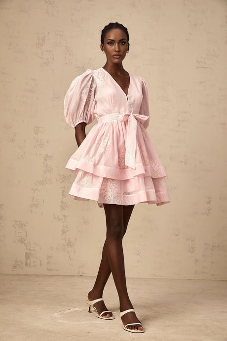 Giada Mini Dress Pink Embroidered Layered & Ruched