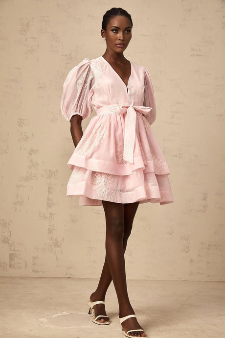 Giada Mini Dress Pink Embroidered Layered & Ruched