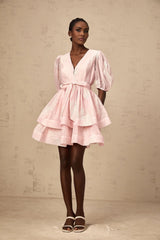 Giada Mini Dress Pink Embroidered Layered & Ruched