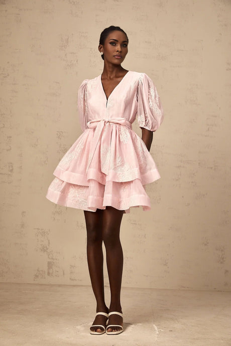 Giada Mini Dress Pink Embroidered Layered & Ruched
